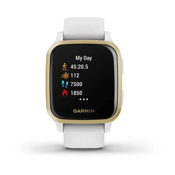 Garmin Venu Sq Light Gold Aluminium Bezel with White Case and Silicone Band.