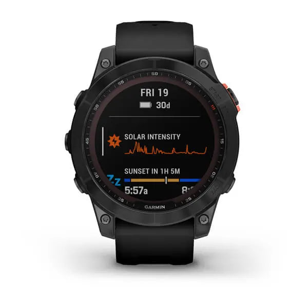 Garmin Fenix 7 Solar Edition Slate Grey with Black Band.