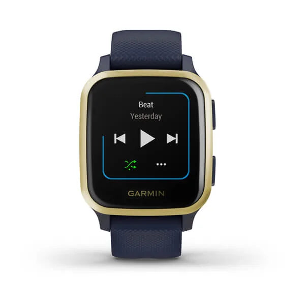 Garmin Venu Sq Music Edition Light Gold Aluminium Bezel with Navy Case and Silicone Band.