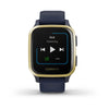 Garmin Venu Sq Music Edition Light Gold Aluminium Bezel with Navy Case and Silicone Band.