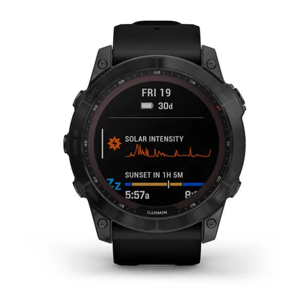 Garmin Fenix 7X Sapphire Solar Edition Black DLC Titanium with Black Band.