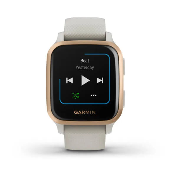 Garmin Venu Sq Music Edition Rose Gold Aluminium Bezel with Light Sand Case and Silicone Band.