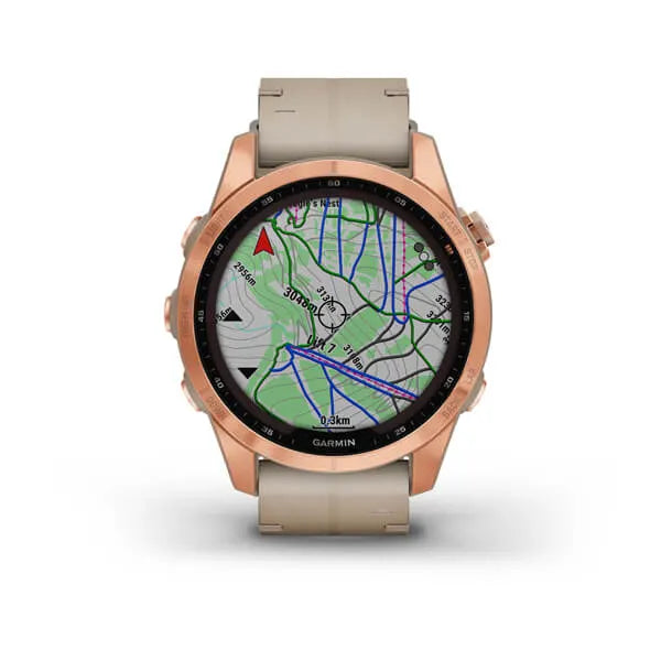 Garmin Fenix 7S Sapphire Solar Edition Rose-Gold Titanium with Limestone Leather Band.