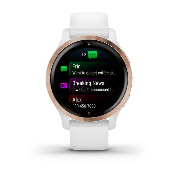 Garmin Venu 2S Rose Gold Stainless Steel Bezel with White Case and Silicone Band.