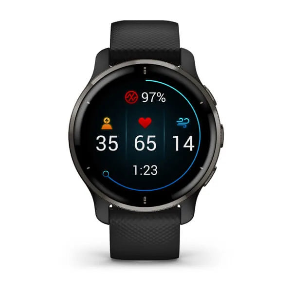 Garmin Venu 2 Plus Slate Stainless Steel Bezel with Black Case and Silicone Band.