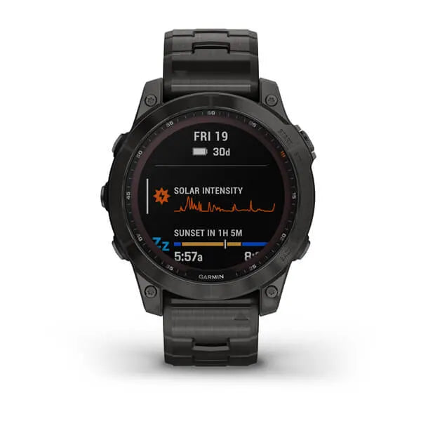 Garmin Fenix 7 Sapphire Solar Edition Carbon Grey DLC Titanium with Carbon Grey DLC Vented Titanium Band.