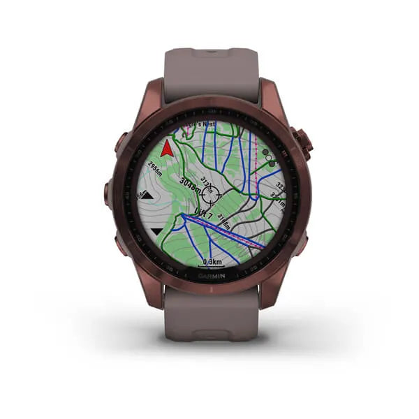 Garmin Fenix 7S Sapphire Solar Edition Dark Bronze Titanium with Shale Grey Band.