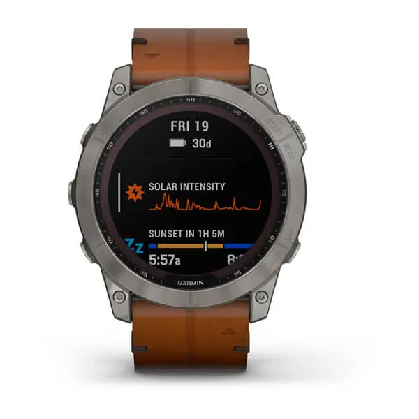 Garmin Fenix 7X Sapphire Solar Edition Titanium with Chestnut Leather Band.