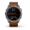 Garmin Fenix 7X Sapphire Solar Edition Titanium with Chestnut Leather Band.