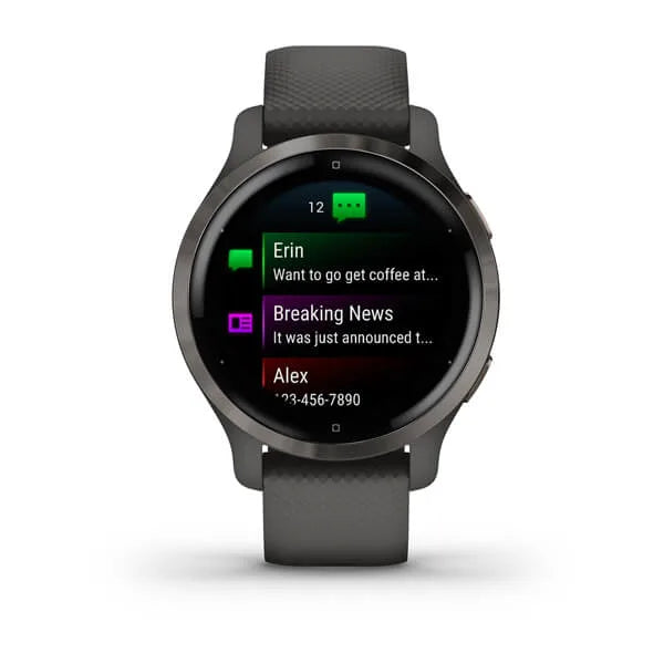 Garmin Venu 2S Slate Stinless Steel Bezel with Graphite Case and Silicone Band.