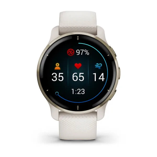 Garmin Venu 2 Plus Cream Gold Stainless Steel Bezel with Ivory Case and Silicone Band.