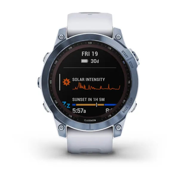 Garmin Fenix 7 Sapphire Solar Edition Mineral Blue DLC Titanium with Whitestone Band.