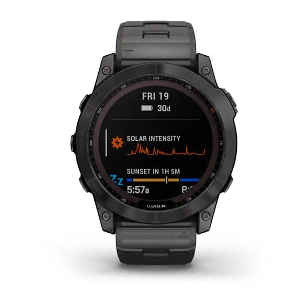 Garmin Fenix 7X Sapphire Solar Edition Carbon Grey DLC Titanium with Carbon Grey DLC Vented Titanium Band.