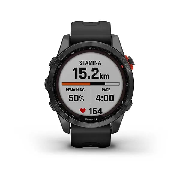 Garmin Fenix 7S Solar Edition Slate Grey with Black Band.