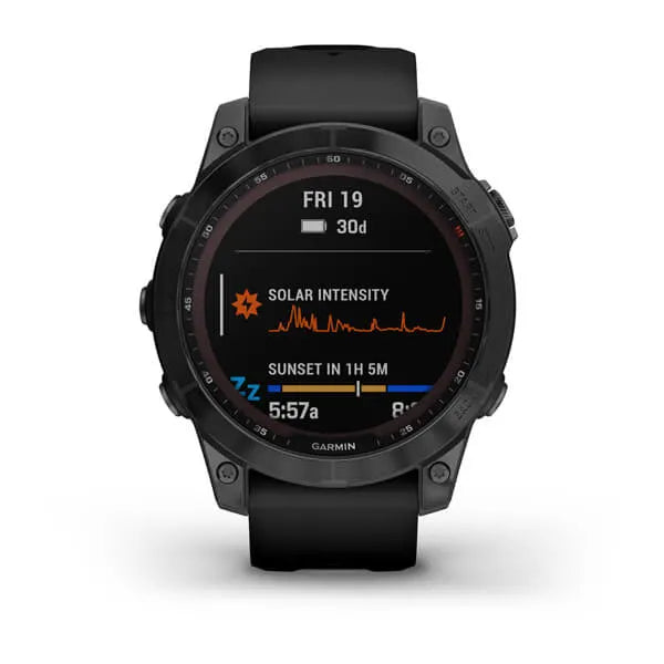 Garmin Fenix 7 Sapphire Solar Edition Black DLC Titanium with Black Band.