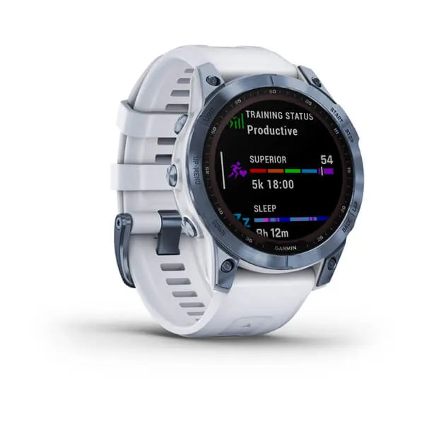 Garmin Fenix 7 Sapphire Solar Edition Mineral Blue DLC Titanium with Whitestone Band.