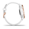 Garmin Venu 2S Rose Gold Stainless Steel Bezel with White Case and Silicone Band.