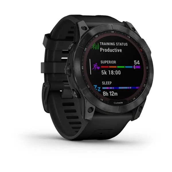 Garmin Fenix 7X Sapphire Solar Edition Black DLC Titanium with Black Band.