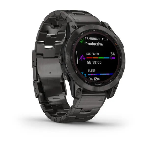 Garmin Fenix 7 Sapphire Solar Edition Carbon Grey DLC Titanium with Carbon Grey DLC Vented Titanium Band.