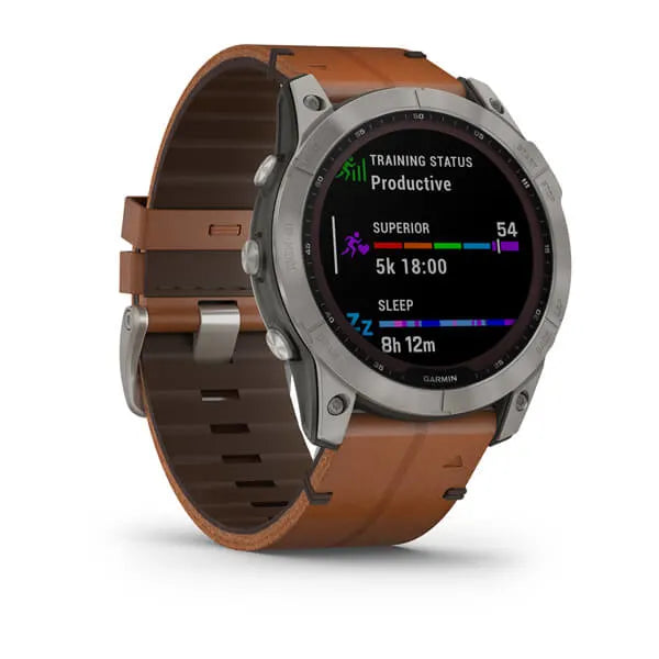 Garmin Fenix 7X Sapphire Solar Edition Titanium with Chestnut Leather Band.