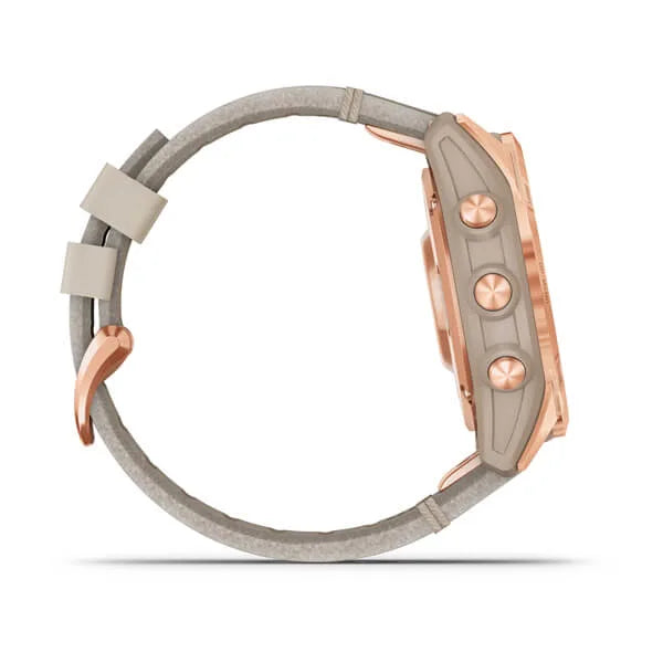 Garmin Fenix 7S Sapphire Solar Edition Rose-Gold Titanium with Limestone Leather Band.