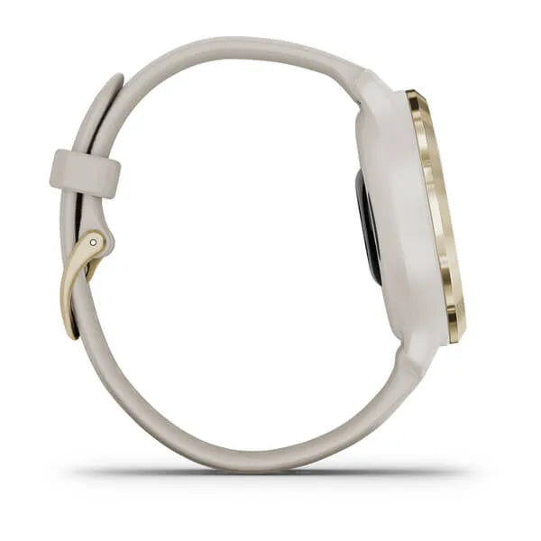 Garmin Venu 2S Light Gold Stainless Steel Bezel with Light Sand Case and Silicone Band.