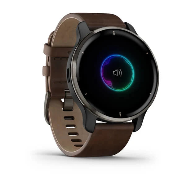 Garmin Venu 2 Plus Slate Stainless Steel Case with Slate Case and Leather band 010-02496-15.