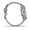 Garmin Venu 2 Plus Silver Stainless Steel Bezel with Powder Grey Case and Silicone Band.