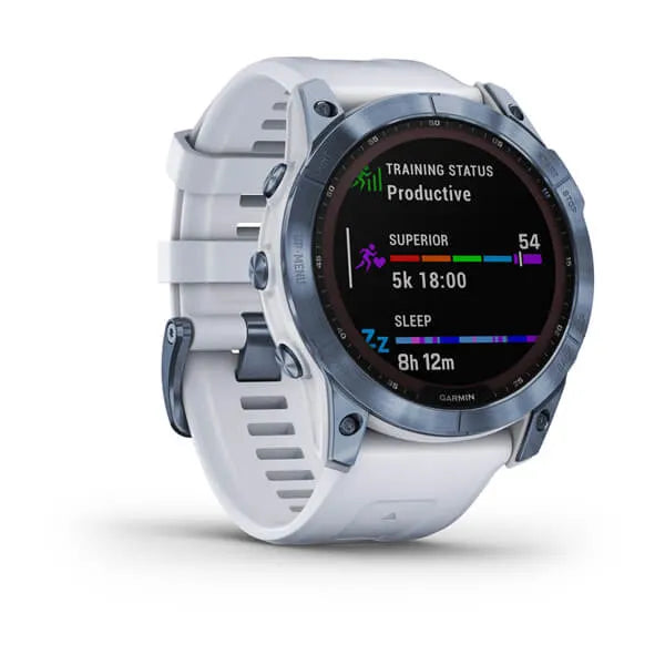 Garmin Fenix 7S Sapphire Solar Edition Mineral Blue DLC with Whitestone Band.