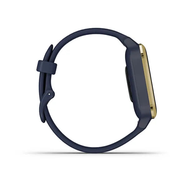 Garmin Venu Sq Music Edition Light Gold Aluminium Bezel with Navy Case and Silicone Band.