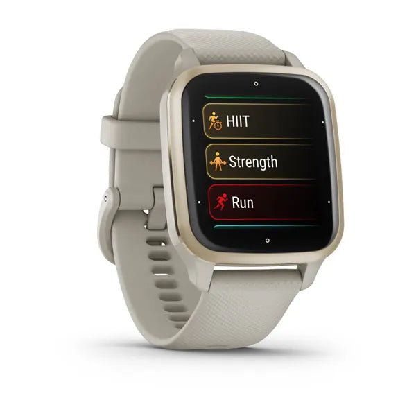 Garmin Venu Sq 2 Music Edition Cream Gold Aluminium Bezel with French Grey Case and Silicone Band.