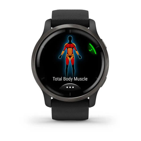 Garmin Venu 2 Slate Stainless Steel Bezel with Black Case and Leather Band.