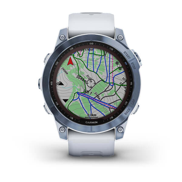 Garmin Fenix 7 Sapphire Solar Edition Mineral Blue DLC Titanium with Whitestone Band.