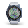 Garmin Fenix 7S Sapphire Solar Edition Mineral Blue DLC with Whitestone Band.