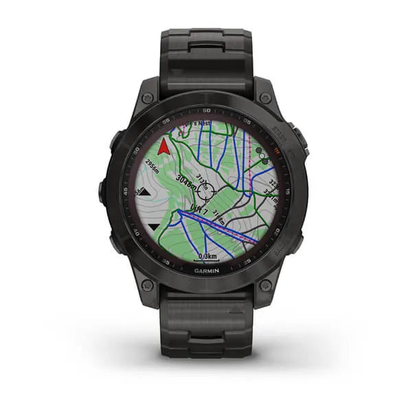 Garmin Fenix 7 Sapphire Solar Edition Carbon Grey DLC Titanium with Carbon Grey DLC Vented Titanium Band.