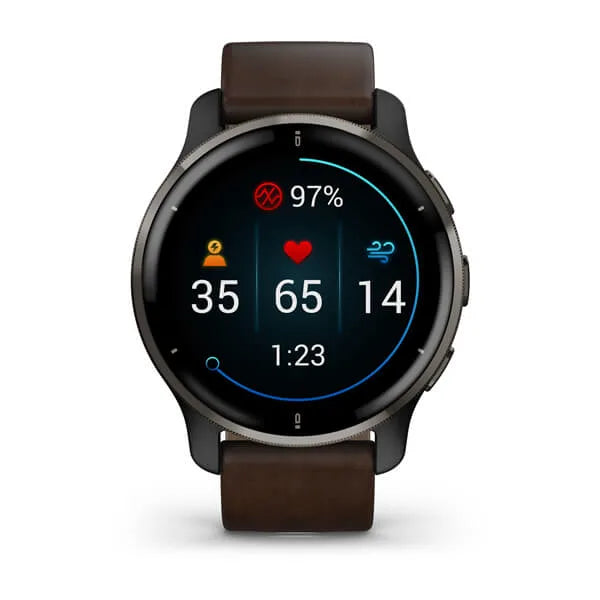 Garmin Venu 2 Plus Slate Stainless Steel Case with Slate Case and Leather band 010-02496-15.