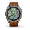 Garmin Fenix 7X Sapphire Solar Edition Titanium with Chestnut Leather Band.
