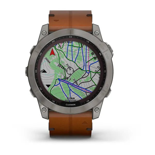 Garmin Fenix 7X Sapphire Solar Edition Titanium with Chestnut Leather Band.
