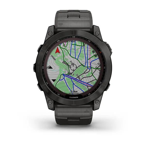 Garmin Fenix 7X Sapphire Solar Edition Carbon Grey DLC Titanium with Carbon Grey DLC Vented Titanium Band.