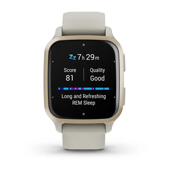 Garmin Venu Sq 2 Music Edition Cream Gold Aluminium Bezel with French Grey Case and Silicone Band.