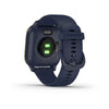 Garmin Venu Sq Music Edition Light Gold Aluminium Bezel with Navy Case and Silicone Band.