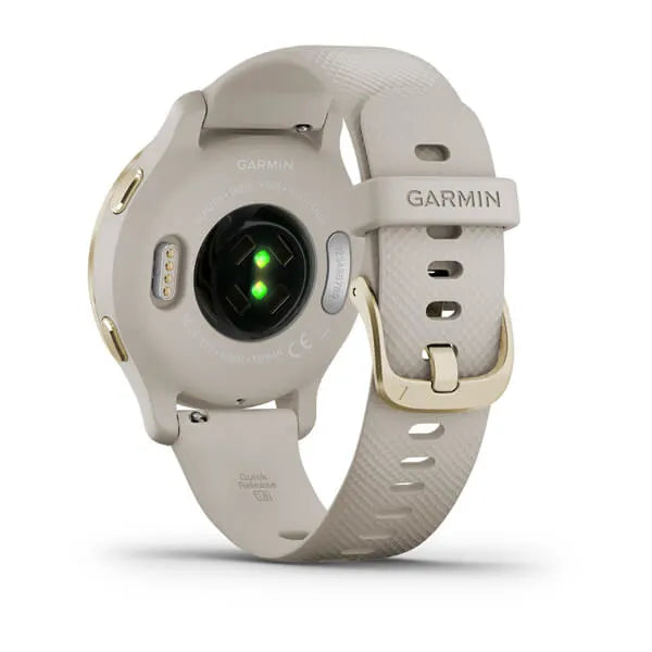 Garmin Venu 2S Light Gold Stainless Steel Bezel with Light Sand Case and Silicone Band.