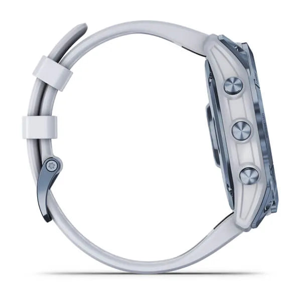Garmin Fenix 7S Sapphire Solar Edition Mineral Blue DLC with Whitestone Band.