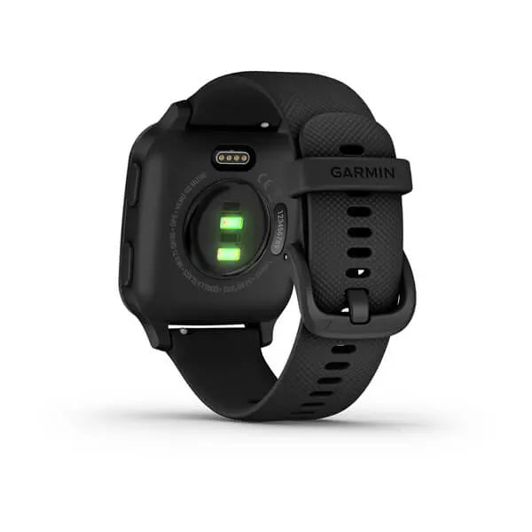 Garmin Venu Sq Music Edition Slate Aluminium Bezel with Black Case and Silicone Band.