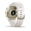 Garmin Venu 2 Plus Cream Gold Stainless Steel Bezel with Ivory Case and Silicone Band.