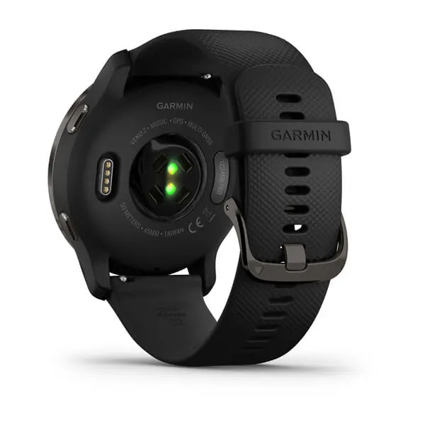 Garmin Venu 2 Slate Stainless Steel Bezel with Black Case and Leather Band.