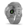 Garmin Venu 2 Plus Silver Stainless Steel Bezel with Powder Grey Case and Silicone Band.