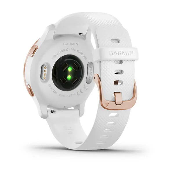 Garmin Venu 2S Rose Gold Stainless Steel Bezel with White Case and Silicone Band.