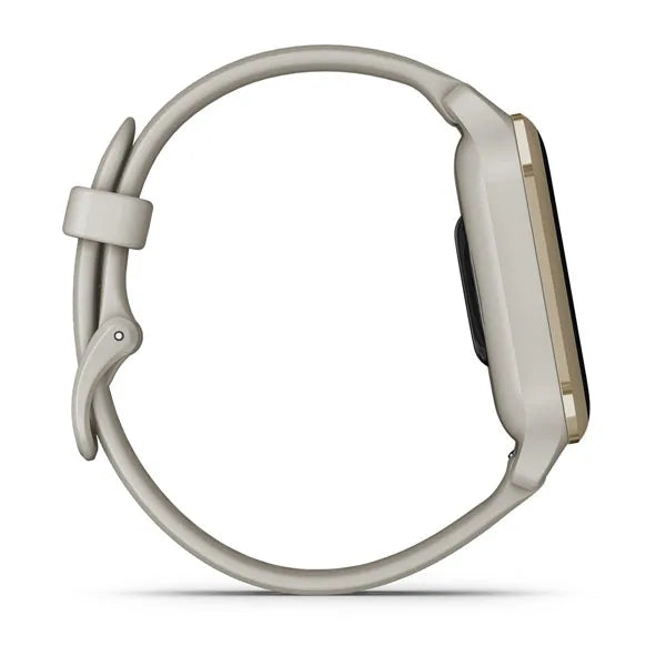 Garmin Venu Sq 2 Music Edition Cream Gold Aluminium Bezel with French Grey Case and Silicone Band.