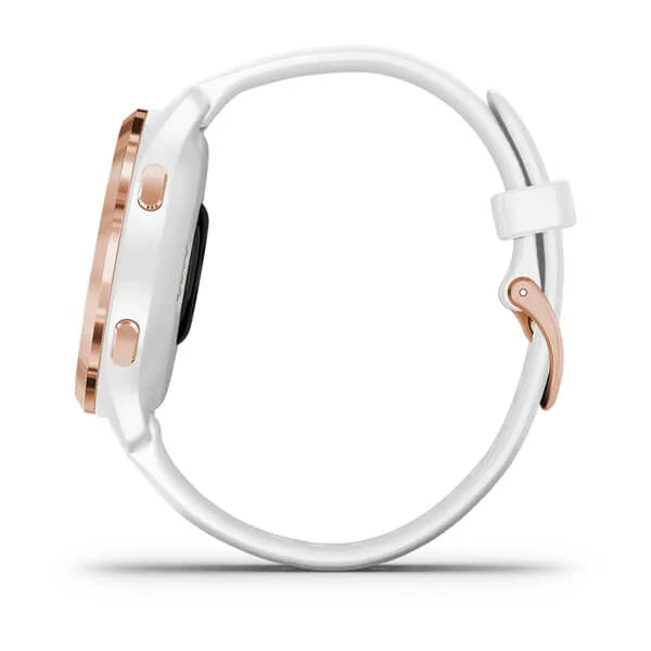 Garmin Venu 2S Rose Gold Stainless Steel Bezel with White Case and Silicone Band.